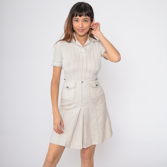 70s Mini Scooter Dress Light Beige Mod Pleat Front High Waisted Retro Vintage Semi-Sheer Cable Knit Short Sleeve 1970s Minidress Small 4