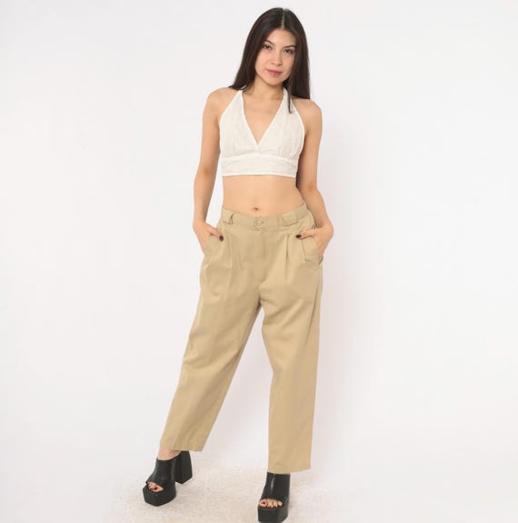 80s Pleated Khaki Trousers Beige High Waist Tapered Leg Cotton Pants  Sand Chino Ankle Length Pockets Neutral Minimalist Vintage Medium M