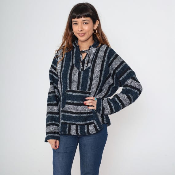 Baja Hoodie Mexican Blue Drug Rug Sweatshirt Hippie Boho Hooded Vintage Blanket Stripe Bohemian Kangaroo Large L