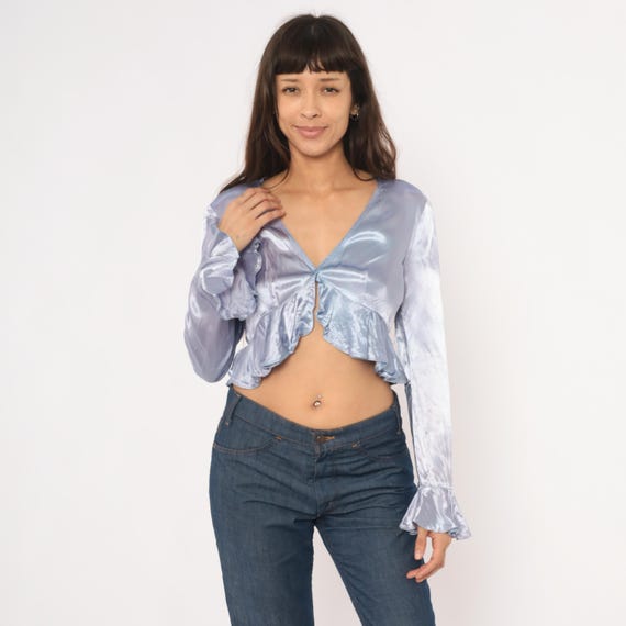 Periwinkle Satin Crop Top 90s Ruffle Hem Blouse V Neck Long Sleeve Sheer Arm Lavender Lilac Peplum Shirt Coquette Fairy Bell Cuff Medium M
