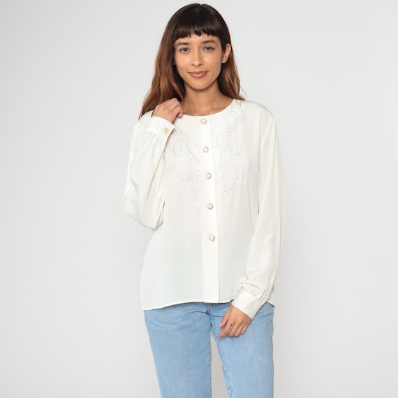 Embroidered Blouse Cream 90s Long Sleeve Vintage Scroll Swirl Pattern Ivory White Minimalist Office Shirt Academic Academia Workwear Large L