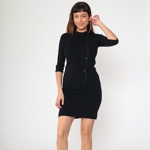 60s Black Wool Dress Mod Dress Mini Party 1960s Asymmetrical Button Up Sheath Dress Vintage 3/4 Sleeve Twiggy Sixties Minidress Small xs