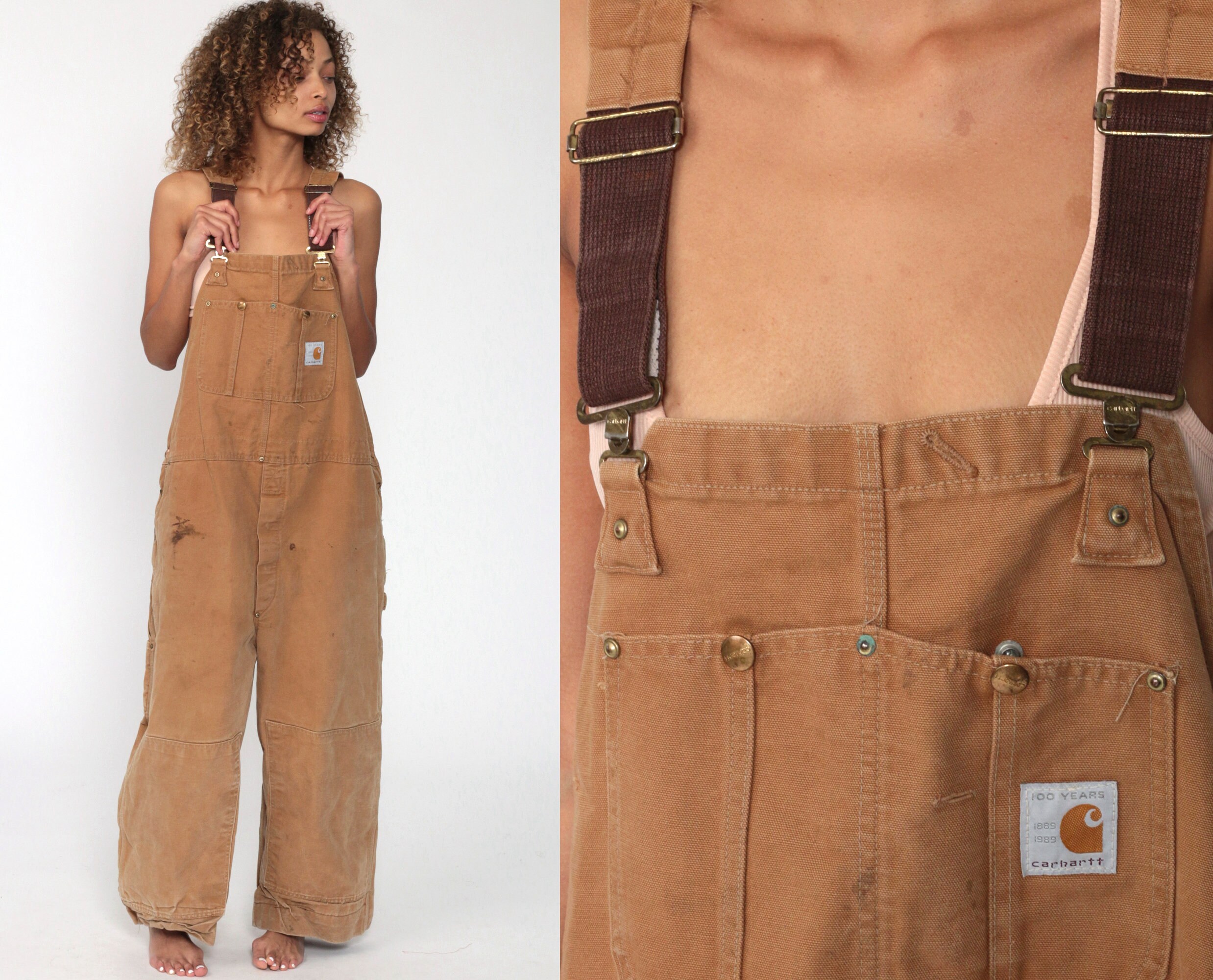 80s Carhartt Overalls 1989 Brown Streetwear Cargo Dungarees Tan