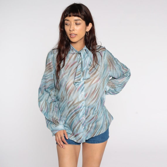 Sheer Ascot Blouse 80s Neck Tie Top Vintage Blue Brushstroke Bow Secretary 70s Button Up Boho Long Sleeve Bohemian Vintage Extra Large xl