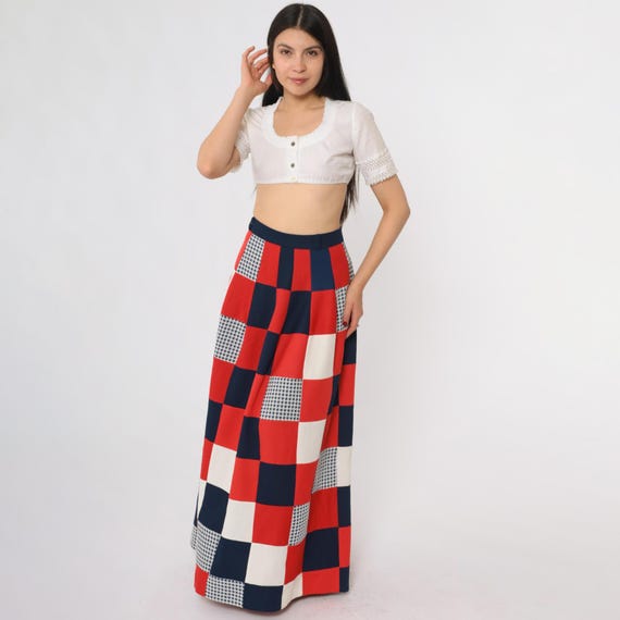 70s Maxi Skirt Red White Blue Patchwork Checkered Print Hippie Boho Festival Wear Vintage High Waist Flared Long Length Americana Medium M 8