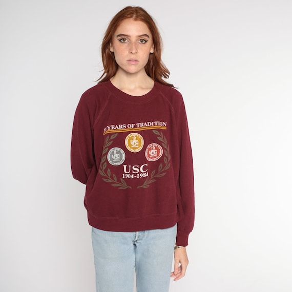 80s USC Sweatshirt University of Southern California Pullover Los Angeles Trojans College Sweater Maroon Raglan Sleeve Vintage 1980s Large L