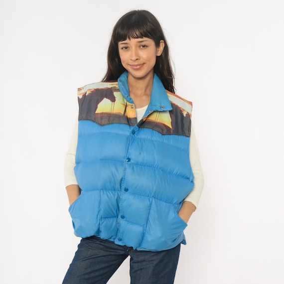 70s Western Puffer Vest Blue Down Quilted Button Front Sleeveless Outdoor Ranch Sunset Horse Girl Vintage Hiking Camping Extra Large XL