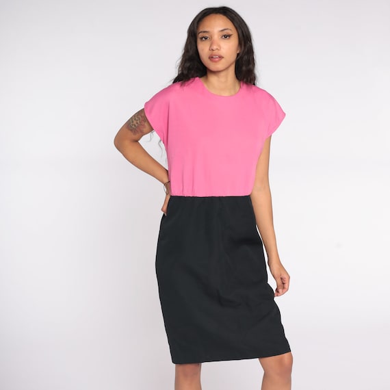80s Sheath Dress Black Pink Color Block Dress 80s Midi Dress Two Tone Vintage Wiggle Pencil Secretary Cap Sleeve Casual Fitted Medium