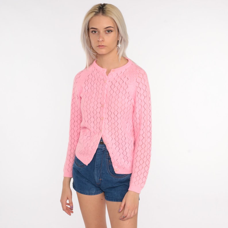 Pink Pointelle Cardigan Sweater 70s Open Weave Sheer Bright Pink Sweater Vintage Acrylic Knit 80s Slouchy Grandma Slouch Small image 3
