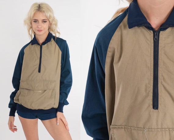 80s Windbreaker Khaki Navy Blue Pullover Quarter Zip Jacket Zipper Side Color Block Raglan Sleeve Pocket Vintage 1980s Small Medium Etsy