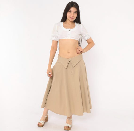 90s Fold Over Waistband Skirt Tan Button Front Khaki Flared Beige Vintage Neutral Minimal Academic Preppy Full Circle Taupe Women Medium M