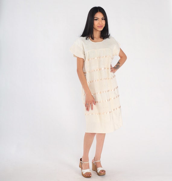 Cream Woven Dress 90s Cotton Midi Dress Mexican K… - image 2