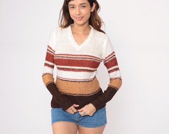 70s Striped Sweater V Neck Pullover White Rust Brown Tan Cream Camel Stripes Long Sleeve Vintage Knit Top Earth Tones Seventies Cozy Small S