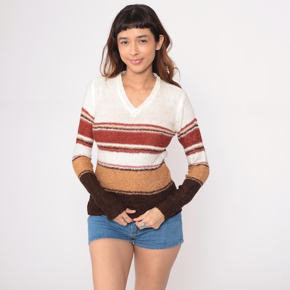70s Striped Sweater V Neck Pullover White Rust Brown Tan Cream Camel Stripes Long Sleeve Vintage Knit Top Earth Tones Seventies Cozy Small S