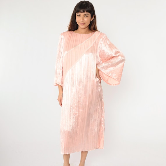 80s Fortuny Pleated Dress Pink Angel Sleeve Dress Satin Party Vintage Neiman Marcus Morton Myles Midi Gown Evening Formal 1980s Medium 8