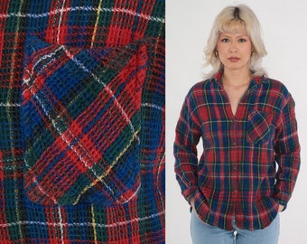 Textured Plaid Blouse 90s Button Up Shirt Blue Red Checkered Print Long Sleeve Top Collared Flannel Shirt Retro 1990s Vintage Cotton Small S