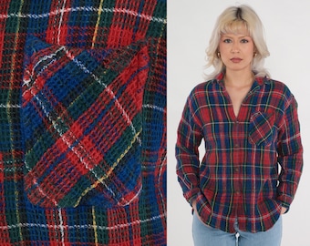 Karierte Bluse mit Struktur 90er Jahre Button Up Shirt Blau Rot Karo Print Langarm Top Flanellhemd mit Kragen Retro 1990s Vintage Baumwolle S