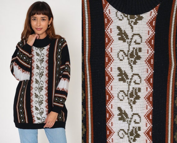 80s Knit Sweater Vine Print Pullover Knit Sweater Black Geometric Striped Floral Boho Longline Acrylic Vintage 1980s Extra Large xl