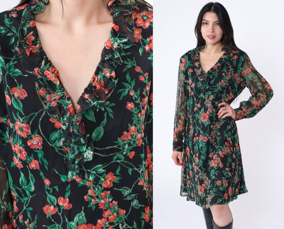 Floral Mini Dress 70s Black Babydoll Dress Ruffle V Neck Hippie Bohemian 1970s Empire Waist Party Vintage Minidress Long Sleeve Large 12