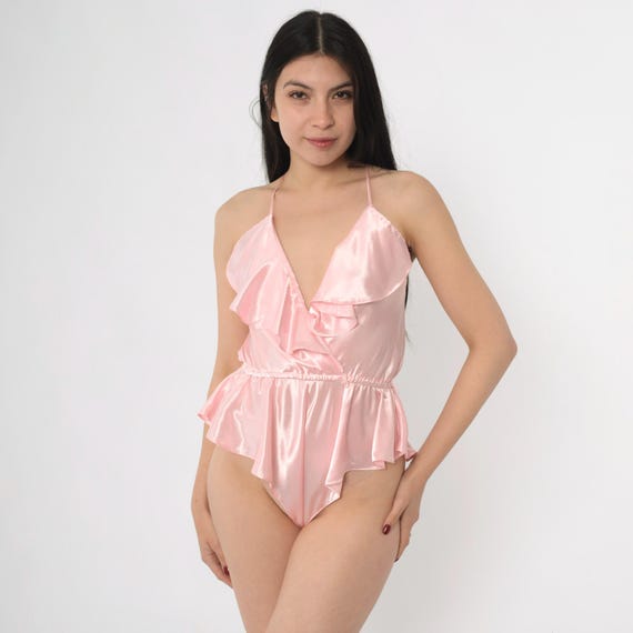 Vintage Pink Satin Teddy Romper 90s Victoria's Secret Lingerie Bodysuit V Neck Ruffled One Piece Spaghetti Strap 1990s Tap Shorts Medium M