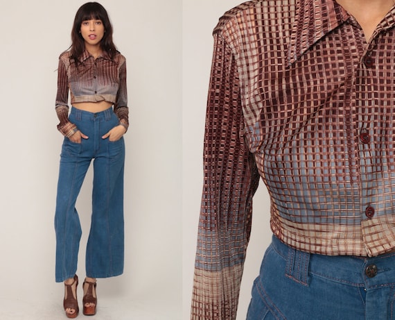 70s Blouse Disco Shirt Checkered Print Button Up Shirt Crop Top Boho Long Sleeve Hipster 1970s Vintage Brown Blue Small