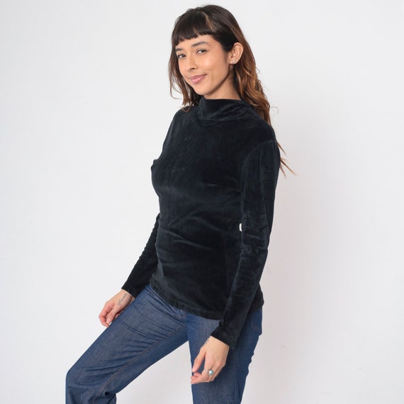 Black Velvet Shirt 90s Turtleneck Blouse Long Sle… - image 5