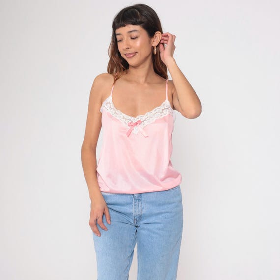 Pink Satin Camisole 80s Lace Trim Tank Top Lingerie Style Bow Detail Silky Sleepwear Romantic Pastel Feminine Vintage Slip Top Medium M