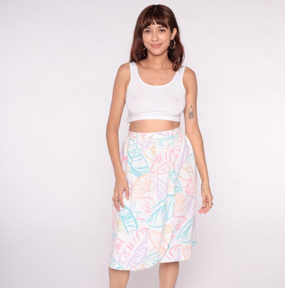 80s Pastel Skirt Tropical Leaf Print White Pink Blue Purple High Waist Summer Beach Vacation Full Skirt Fairycore Coquette Large L