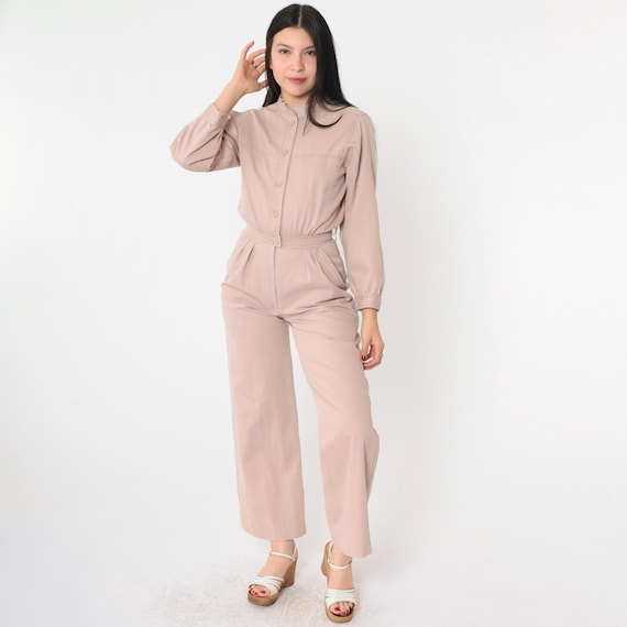 Vintage 80s Utility Jumpsuit Warm Taupe Wide Leg Pleated Boho Button Up High Neck Long Sleeve High Waist Bohemian 1980s Extra Small xs