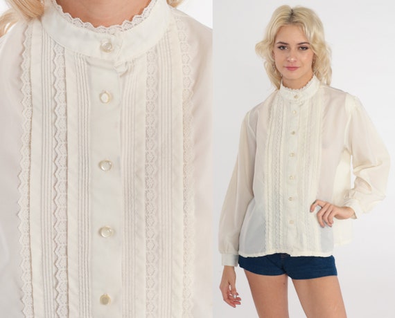 White Victorian Blouse Puff Sleeve Shirt Lace Top… - image 1