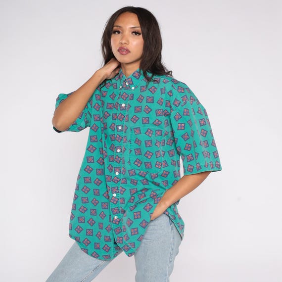 Turquoise Floral Shirt 90s Button Down Short Sleeve Navy Blue Diamond Pattern Summer Western Cowboy Cowgirl Beach Wear Top Large L 12"