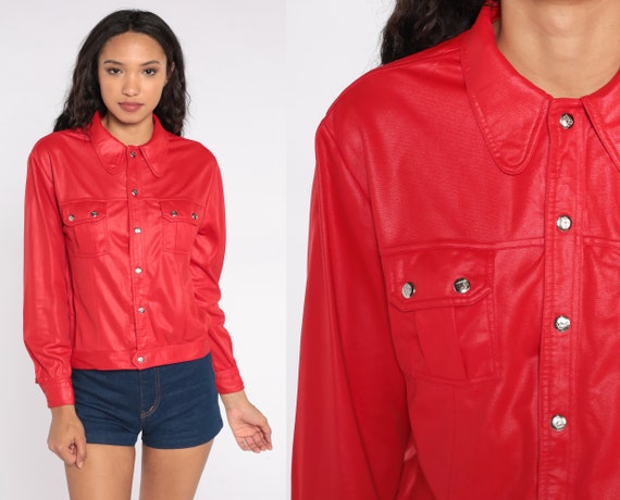 Red Biker Blouse Shimmery Button Up Shirt 70s Snaps Up Shiny Moto Top 1970s Disco Top Vintage Dog Ear Collar Punk Hipster Long Sleeve Small