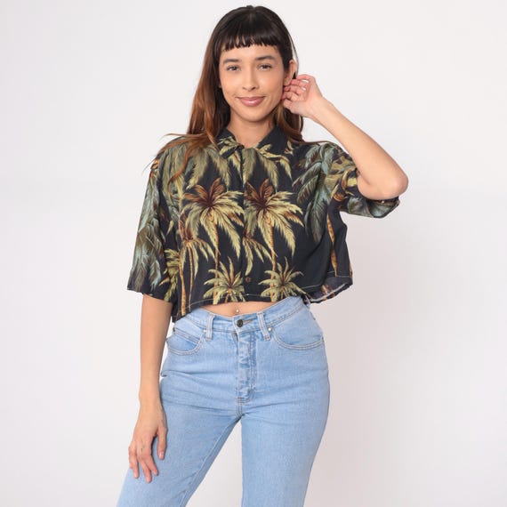 Cropped Hawaiian Shirt Y2K Black Palm Tree Print Button Front Short Sleeve Tropical Blouse Vintage Summer Beach Vacation Club Party Medium M
