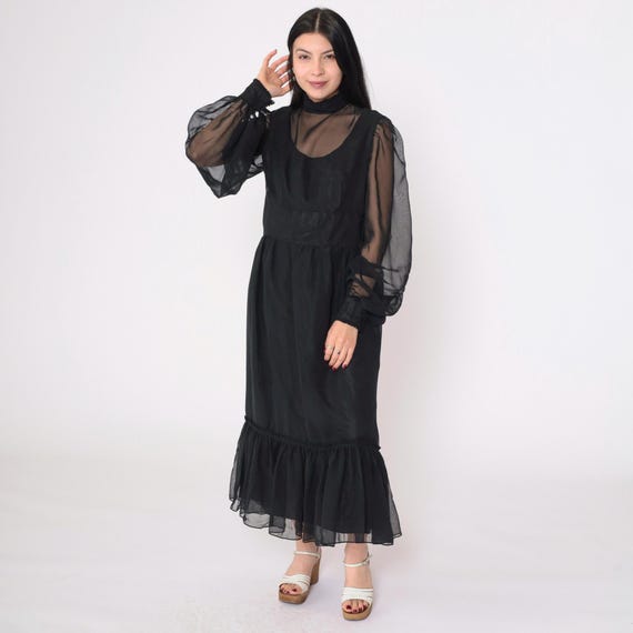 Vintage 70s Black Chiffon Gothic Dress Sheer Bishop Sleeves Ruffled Hem Midi High Neck Evening Party Gown Dramatic Witchy Victorian Small 6