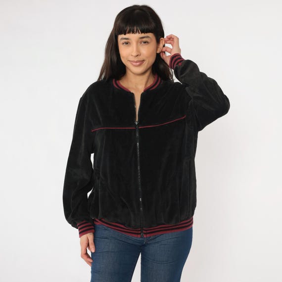 Vintage Velour Track Jacket 80s Black Zip Up Sweatshirt Warm Up Bomber Retro Burgundy Striped Long Sleeve Slouchy 1980s Men's Extra Large xl