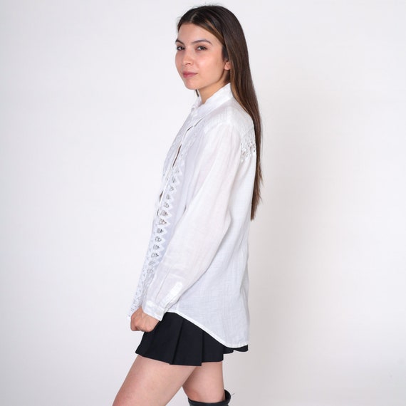 Cutout Lace Blouse 90s White Button up Shirt Boho… - image 4