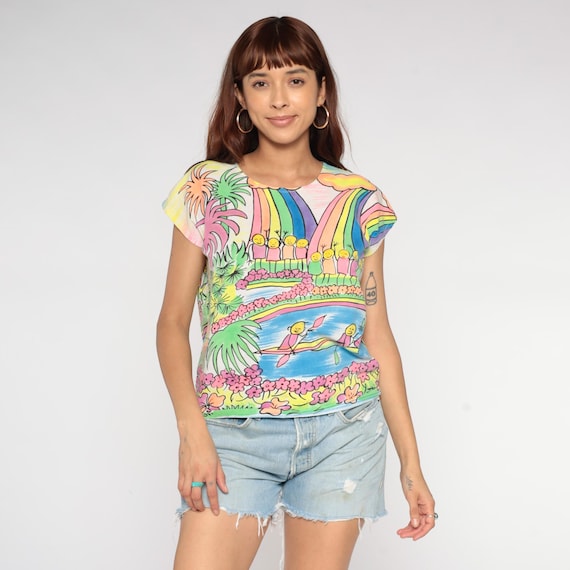 Psychedelic Rainbow Tee 90s Watercolor Tropical Paradise T-Shirt Cotton Vintage Hippie Festival Colorful Palm Tree Waterfall Print Medium M