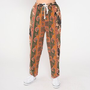 Baggy Floral Pants 90s Batik Tapered Relaxed Pants Burnt Orange Green Striped High Waist Pants Flower Trousers Vintage Small Medium image 3