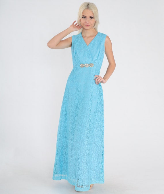 Blue Lace Gown 70s Floral Maxi Dress Rhinestone Party Formal Empire Waist V Neck Bohemian Sleeveless Cocktail Prom Vintage 1970s Small S
