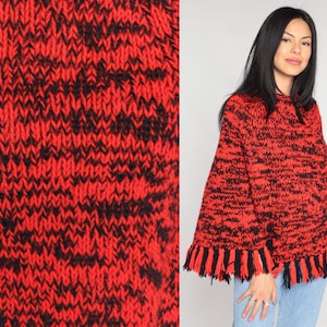Knit Poncho 70s Fringe Shawl Red Black Space Dye Cape Boho Hippie Afghan Sweater Retro Bohemian Festival Vintage 1970s Small Medium Large