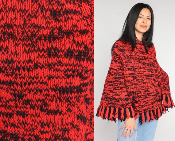 Knit Poncho 70s Fringe Shawl Red Black Space Dye Cape Boho Hippie Afghan Sweater Retro Bohemian Festival Vintage 1970s Small Medium Large