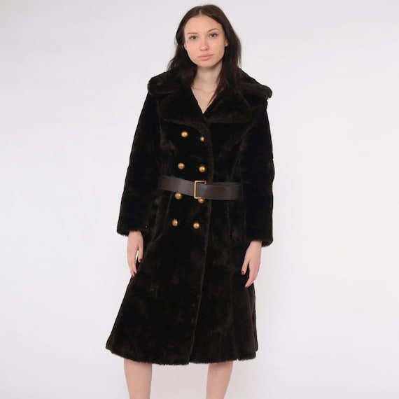 Vintage Mod Faux Fur Coat 70s Dark Brown Fake Fur Jacket Double Breasted Button up Retro Glam Rock Winter Seventies 1970s Small S