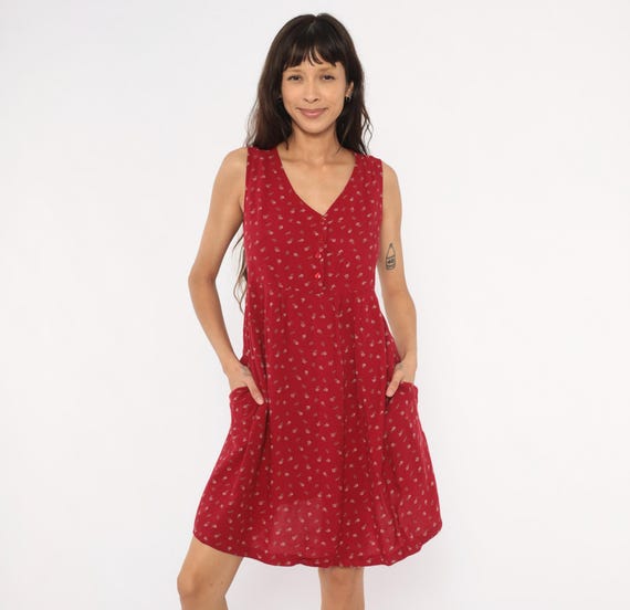 90s Ditsy Floral Sundress Red Sleeveless Babydoll Tie Back Crimson Olive Garden Print Summer Prairie Cottagecore Rainy Day Dress Medium M