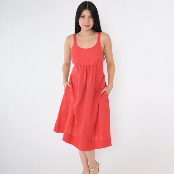 Vintage 70s Red Sun Dress Empire Waist Boho Midi Bohemian Summer Sundress Plain Scoop Neck Tank Strap Dress Pocket Small xs