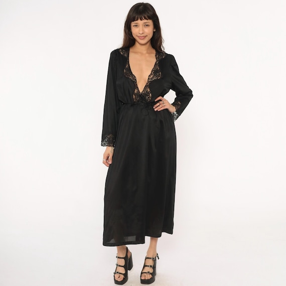 Black Lace Robe 90s Maxi Long Sleeve Dressing Gown Tie Belt Vintage Lingerie Kimono Duster House Coat Nightwear Loungewear Gothic Medium M