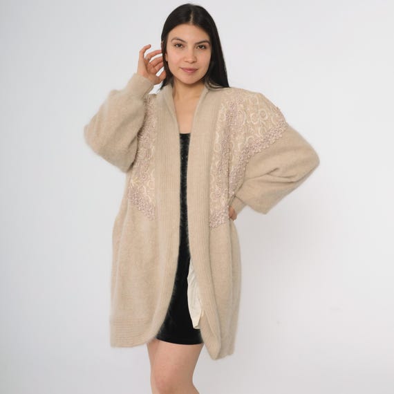 80s Belldini Beige Angora Rabbit Wool Overcoat Long Knit Cardigan Embroidered Lace Trim Open Front Balloon Sleeve Coatigan Medium M
