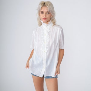 White Tuxedo Shirt 70s 80s Ruffle Blouse Button Up Top Ruffled High Neck Secretary Victorian Semi-Sheer Short Sleeve Vintage 1970s Large