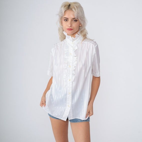 White Tuxedo Shirt 70s 80s Ruffle Blouse Button Up Top Ruffled High Neck Secretary Victorian Semi-Sheer Short Sleeve Vintage 1970s Large
