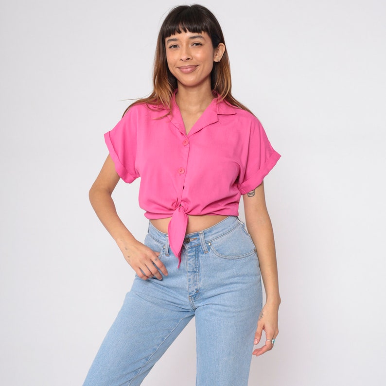 Bright Pink Crop Top 90s Tie Waist Cropped Blouse Plain Short Cuffed Sleeve Shirt Collared Button Up Shirt Normcore Vintage Medium image 2