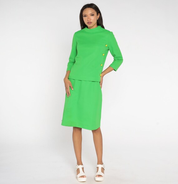 60s Two Piece Dress Suit Neon Lime Green Mod Outf… - image 2